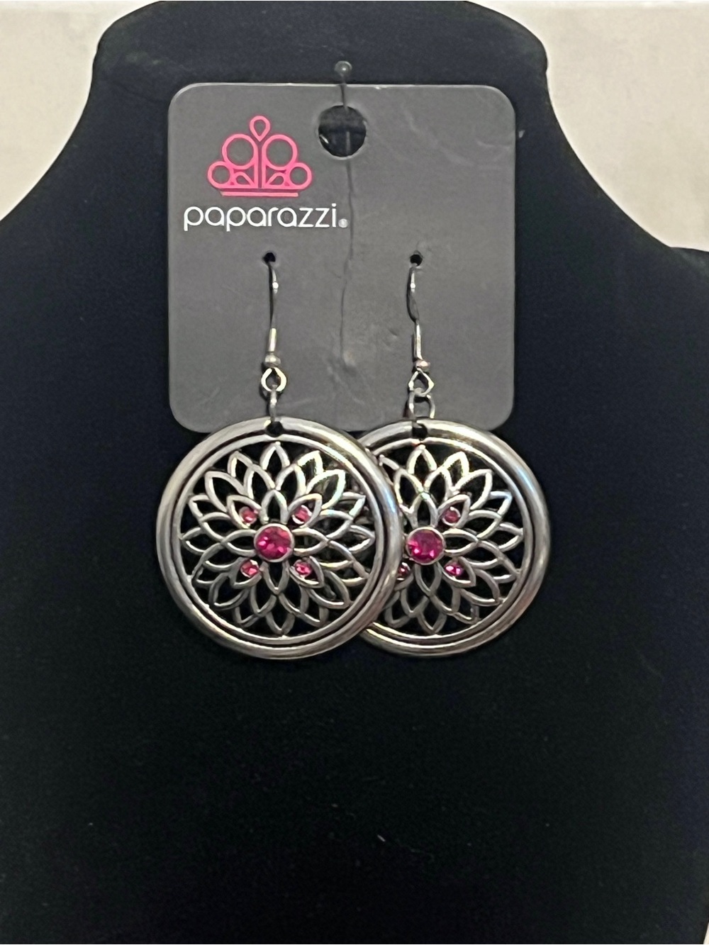 Paparazzi Silver Filigree Circle Earrings with Pink Stones